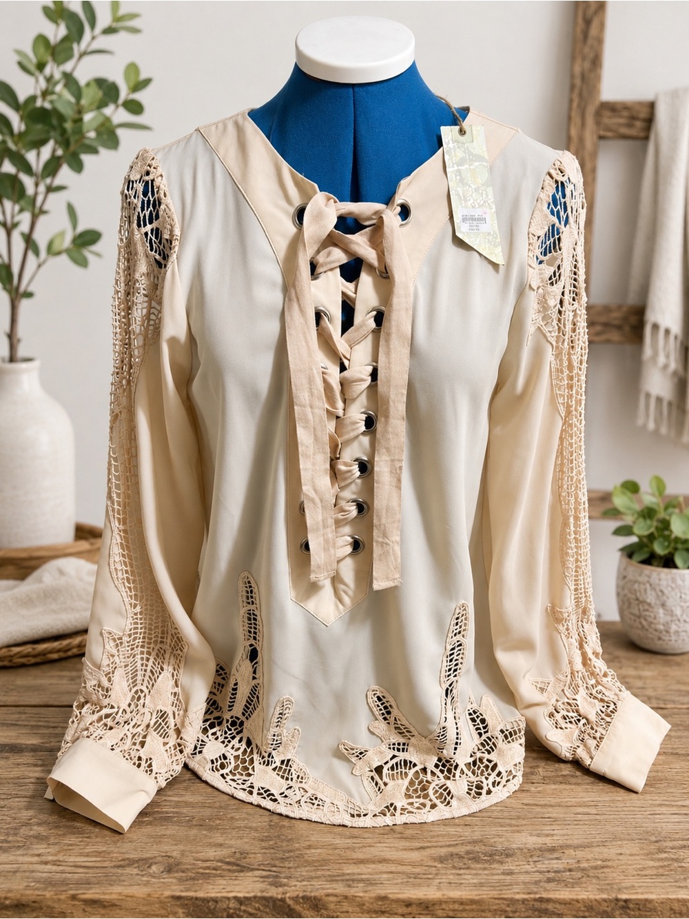 Gimmicks by BKE Ivory Boho Lace-Up Blouse Crochet Lace Long Sleeve Top NWT
